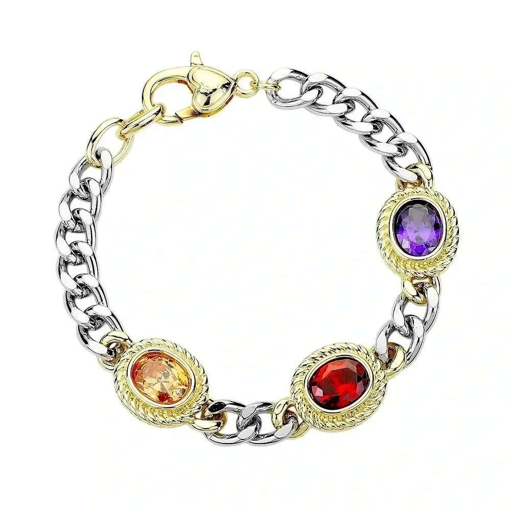 Two Tone Oval Cluster of Amethyst ,Red Garnet & Citrine CZ Stones Bracelet